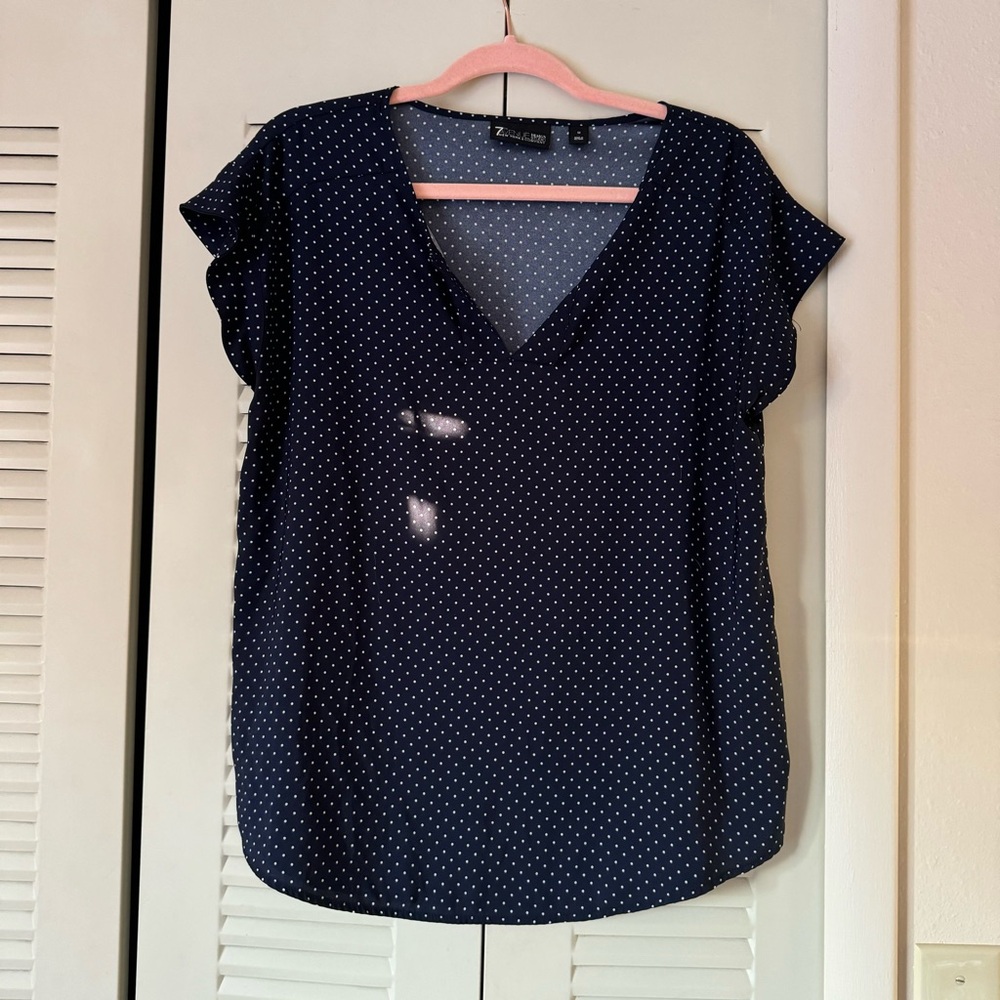 New York & Company Navy Blue and White Polka Dot Blouse